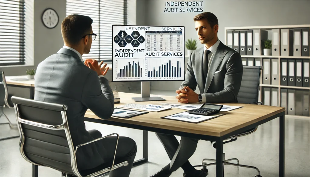 Independent Audit 6 DALL·E 2025 01 31 17.26.18 A professional employee sitting at a modern desk explaining accounting concepts for independent audit services to a client. The scene includes a slee