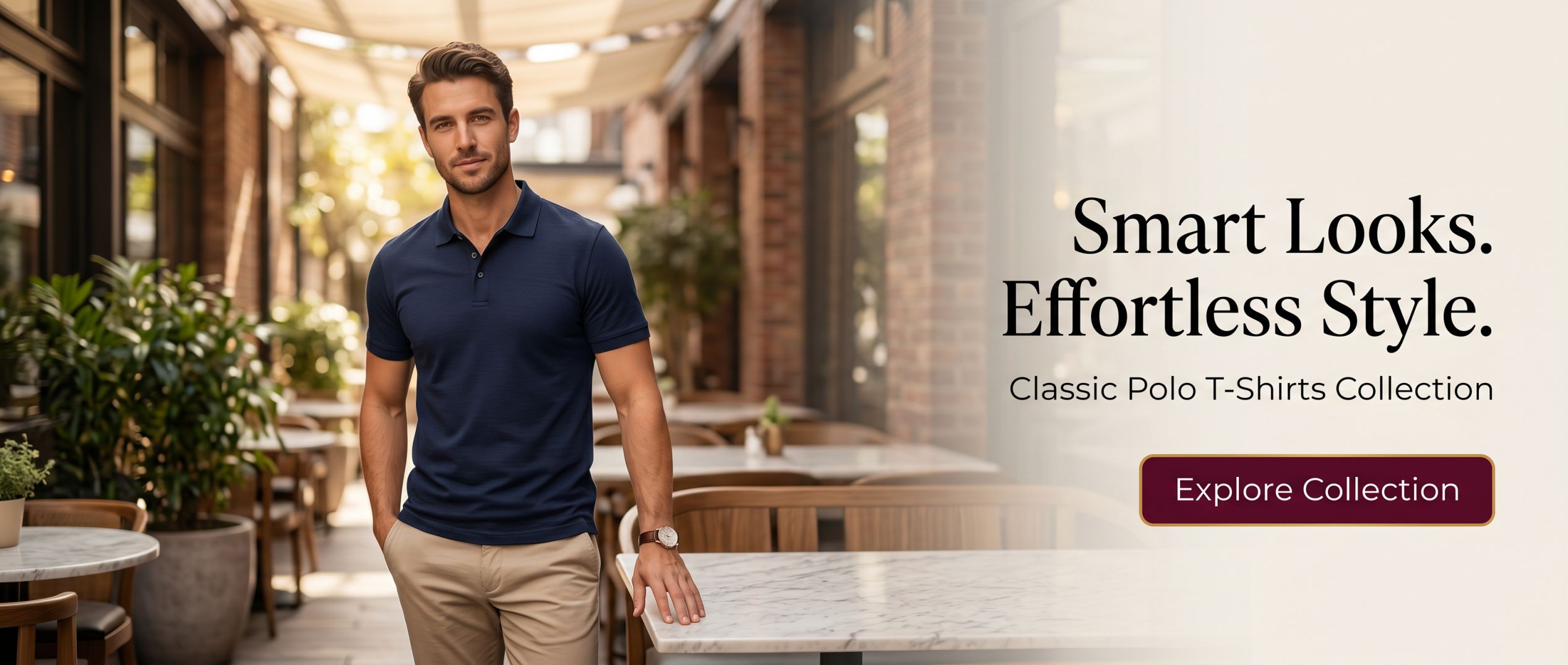 Firefly_Create a premium fashion banner__Place a confident male model wearing a polo t-shirt 979135_compressed