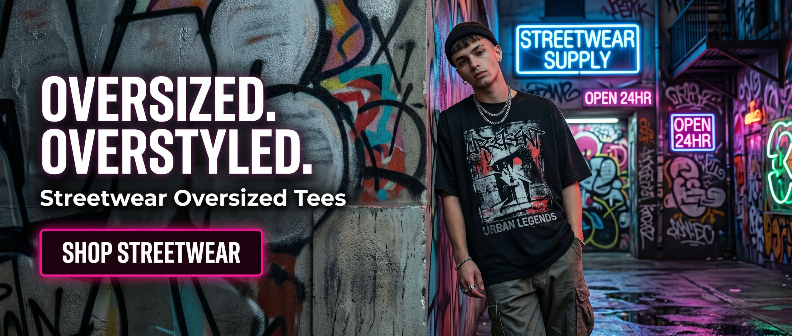 Firefly_Create a trendy streetwear banner __Place a young model wearing an oversized t-shirt 595625_compressed